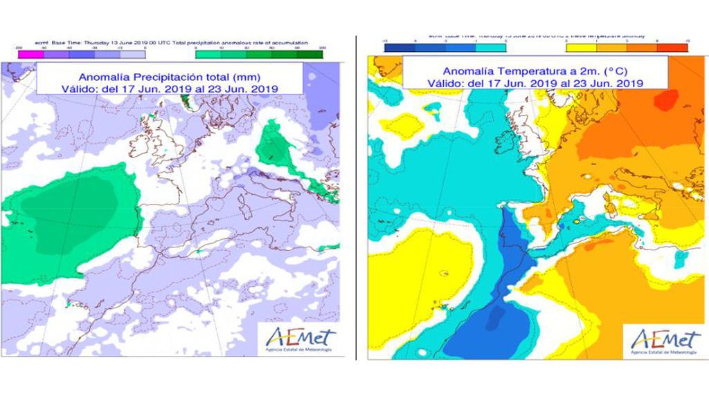 Anomalía de la temperatura y precipitación media prevista para la semana que viene