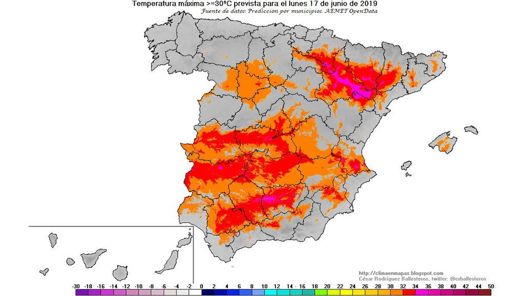 Temperaturas máximas ≥ 30ºC previstas para el lunes, 17 de junio / @crballesteros