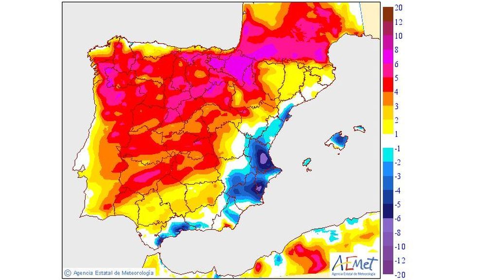 Variación de las temperaturas máximas prevista para el domingo / Aemet