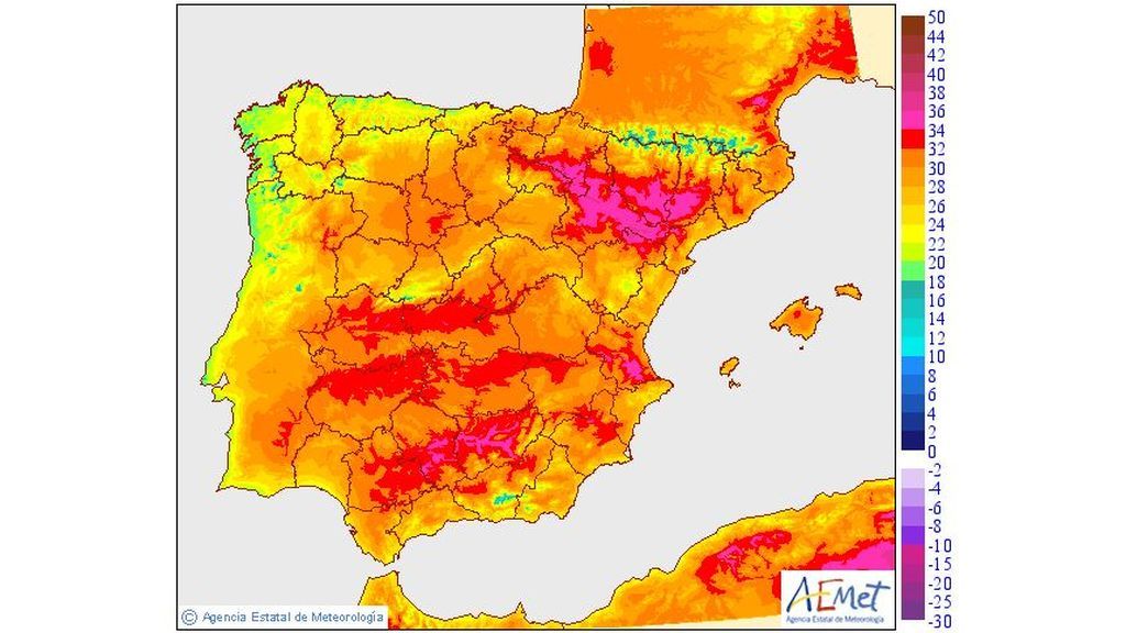 Temperaturas máximas previstas para el lunes, 17 de junio / Aemet