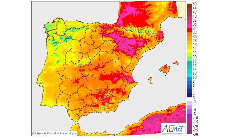 Temperaturas máximas previstas para el martes, 18 de junio / Aemet