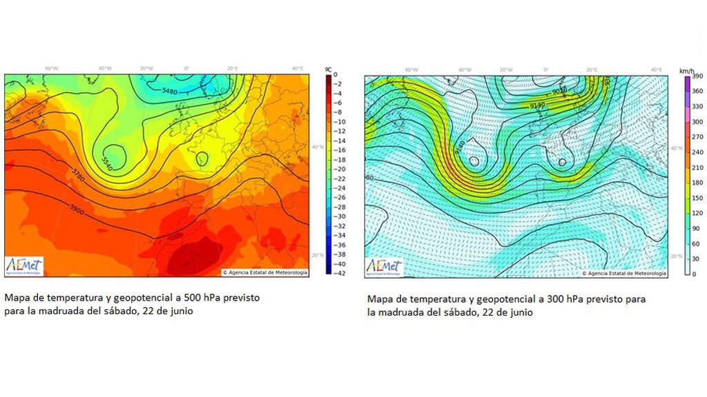 Mapas en diferentes niveles de temperatura y geopotencial para la madrugada del sábado / Aemet