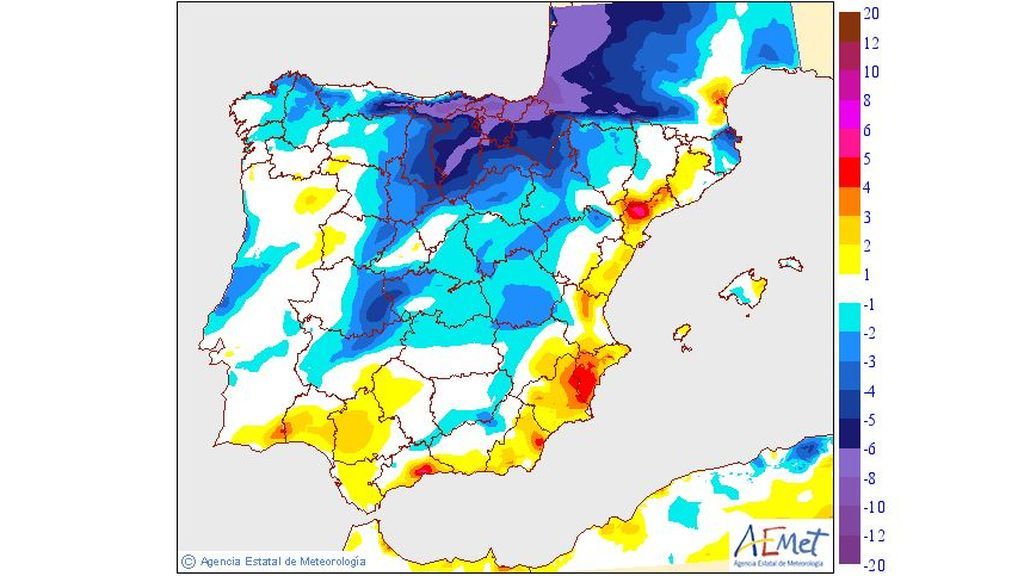 Variación de las temperaturas máximas prevista para el miércoles, 19 de junio / Aemet