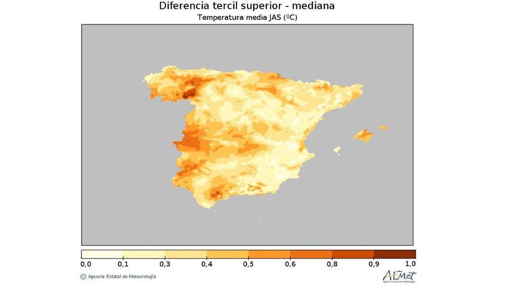 Anomalía de la media de las temperaturas previstas para el verano respecto al periodo de referencia / Aemet