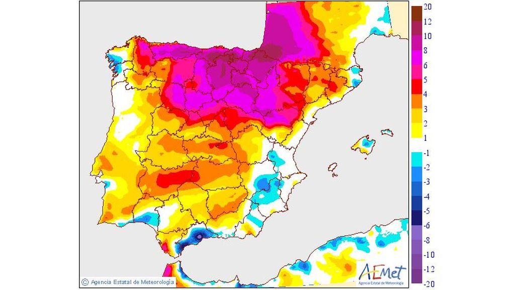 Variación de las temperaturas máximas prevista para el sábado, 22 de junio / Aemet