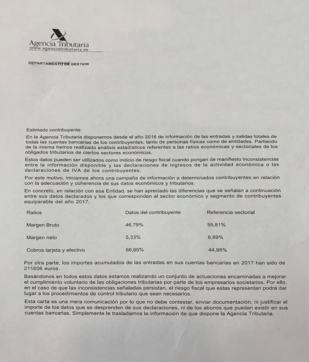 Carta enviada por la Agencia Tributaria