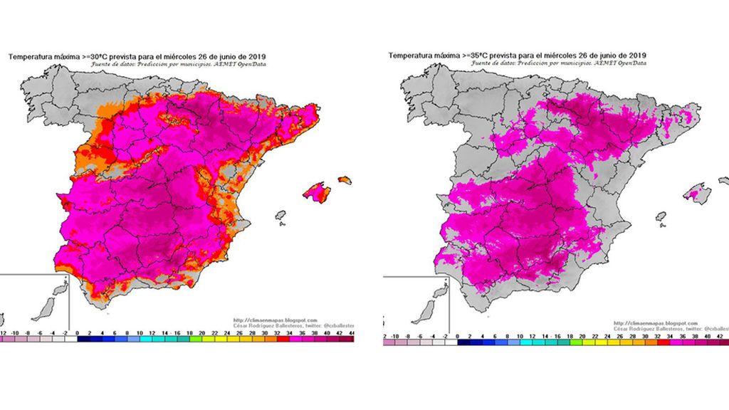 Mapas de previsión de temperaturas máximas ≥ 30ºC y ≥ 35ºC para el miércoles / @crballesteros