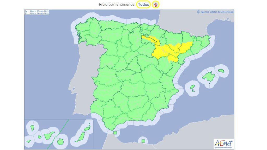 Avisos amarillos por temperaturas máximas muy elevadas previstos para el domingo / Aemet