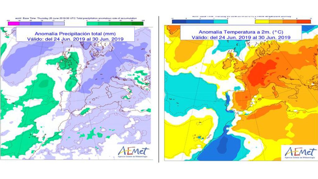 Mapas con la anomalía de precipitación y temperatura prevista para la próxima semana / Aemet