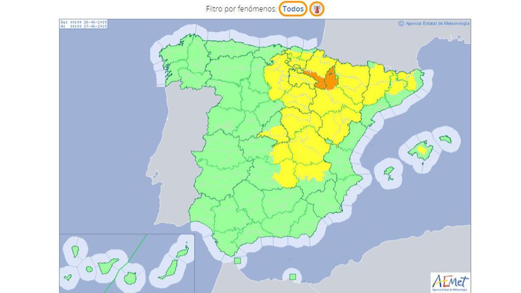 Avisos por temperaturas máximas muy altas previstos para el miércoles / Aemet