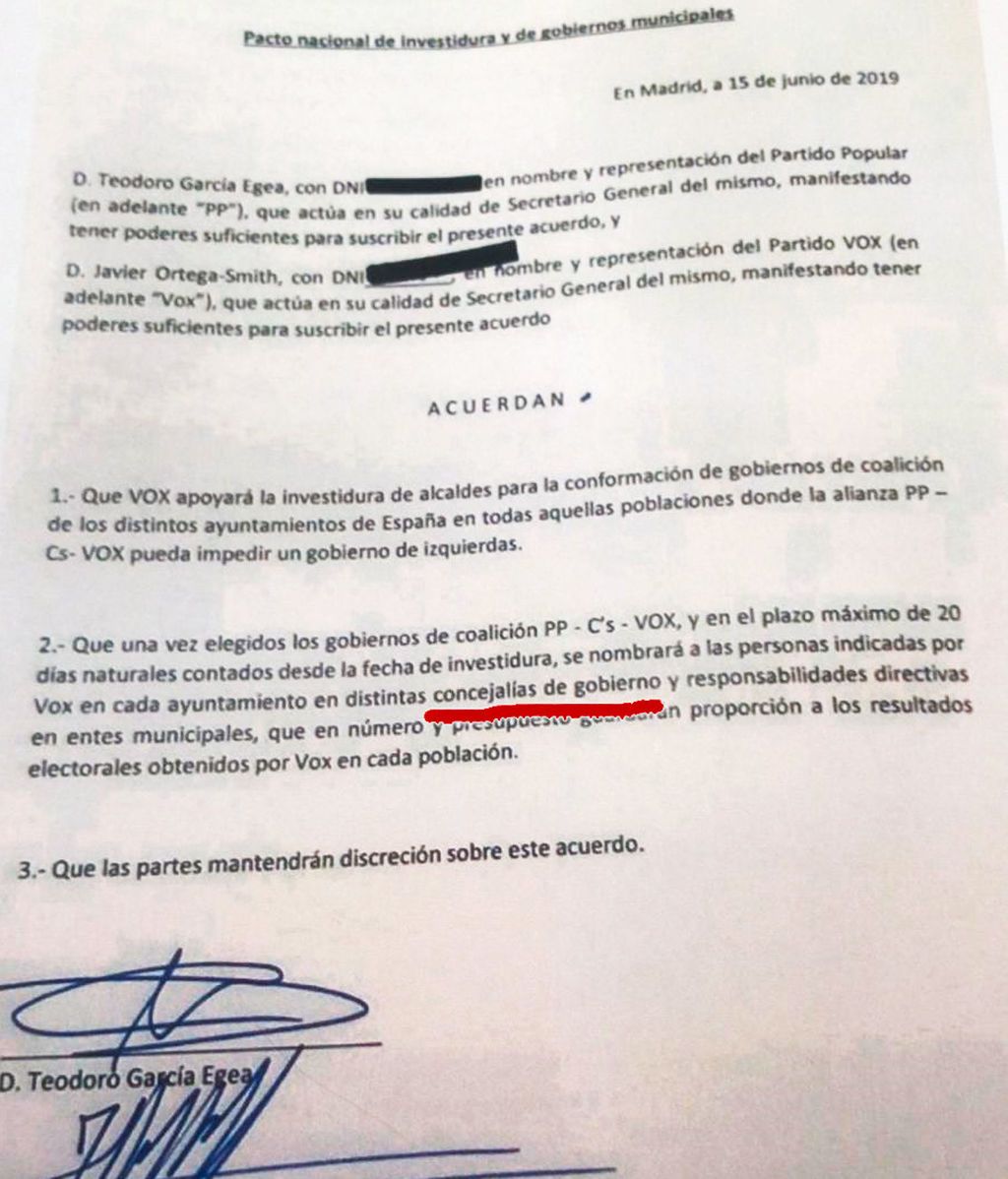 Acuerdo secreto firmado por Vox y PP la madrugada del 15 de junio