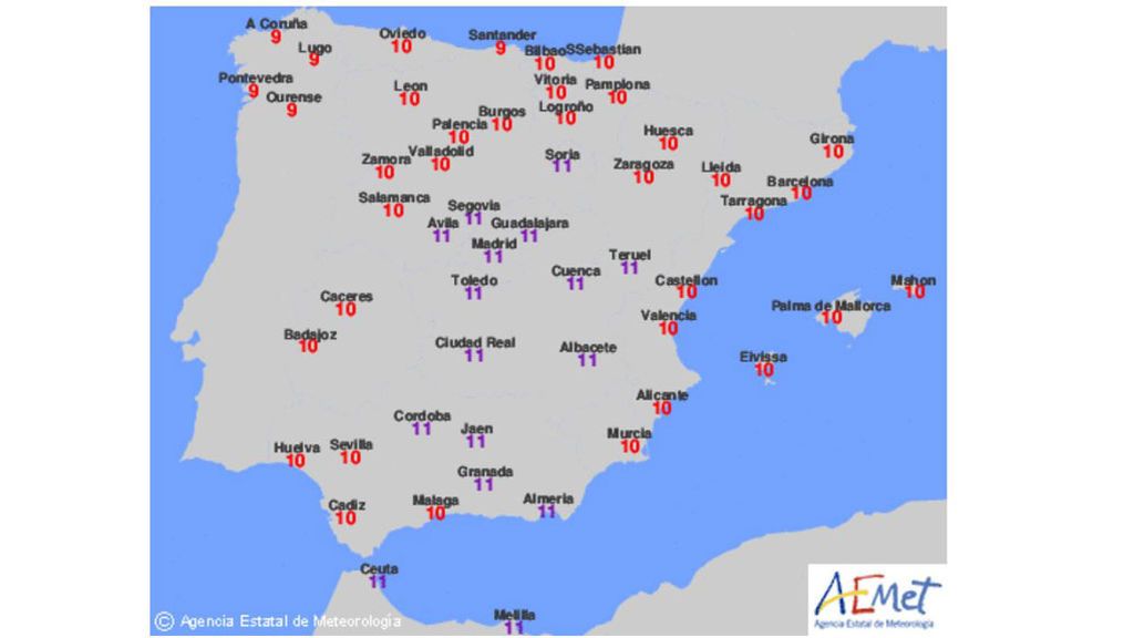 Índice de radiación UV máximo en condiciones de cielo despejado para el jueves / Aemet