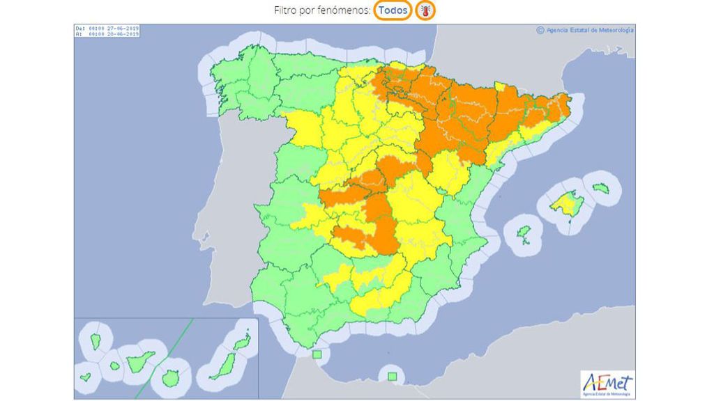 Avisos por temperaturas máximas elevadas previstos para el jueves / Aemet