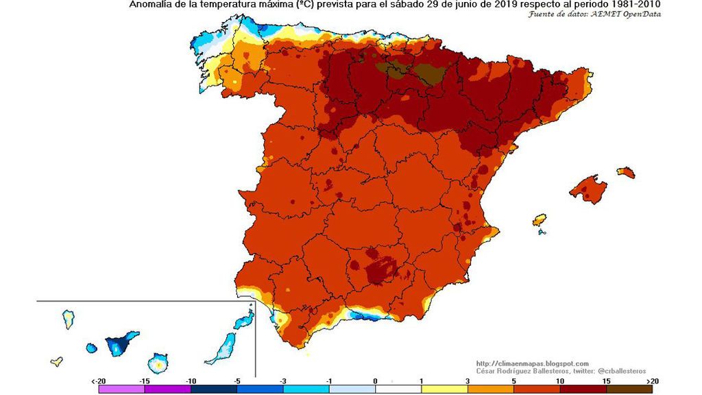 Anomalía de las temperaturas máximas prevista para el sábado, 29 de junio