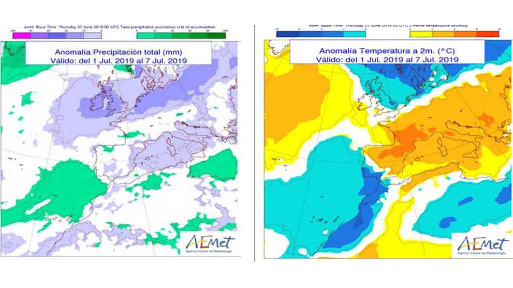 Anomalía de la temperatura y precipitación media para la próxima semana con respecto a valores normales / Aemet