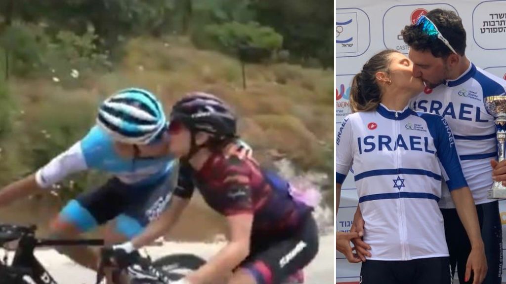 El romántico beso de una pareja de ciclistas en plena carrera y antes de lograr la victoria El romántico beso de una pareja de ciclistas en plena carrera y antes de lograr la victoria