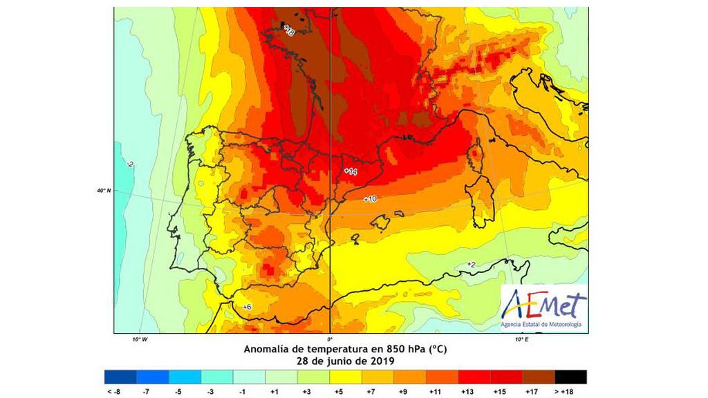 *Imagen: Anomalías de temperatura a 850 hPa en la península el viernes 28 de junio / Aemet