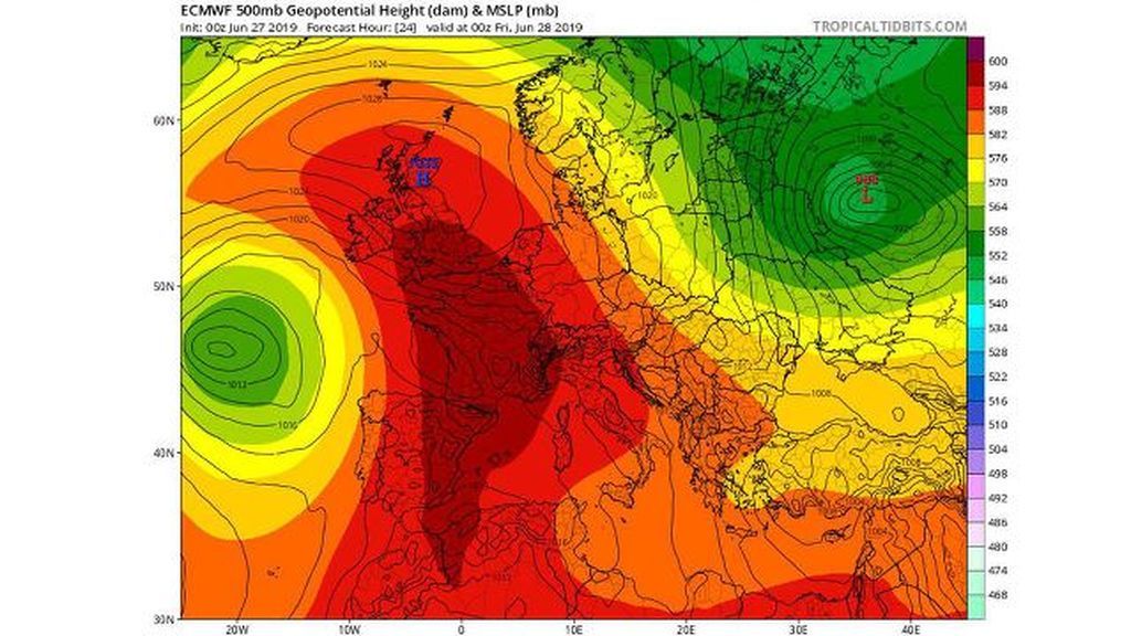 *Imagen: Previsión del modelo ECMWF a 500 mb para el viernes, 28 de junio / Tropical Tidbits