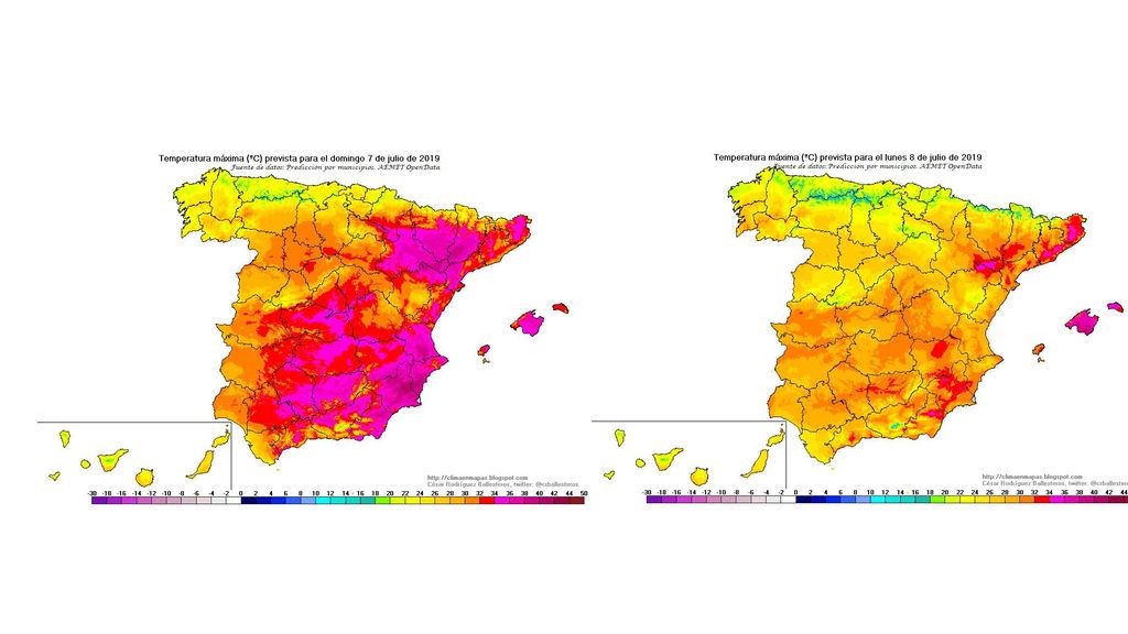 Comparativa de las temperaturas máximas previstas para el domingo y lunes, respectivamente / Aemet