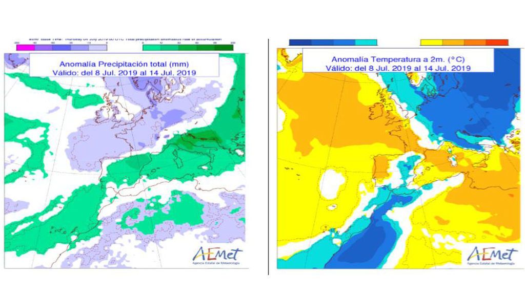 *Imagen: Anomalía de temperatura y precipitación medias previstas para la semana que viene / Aemet