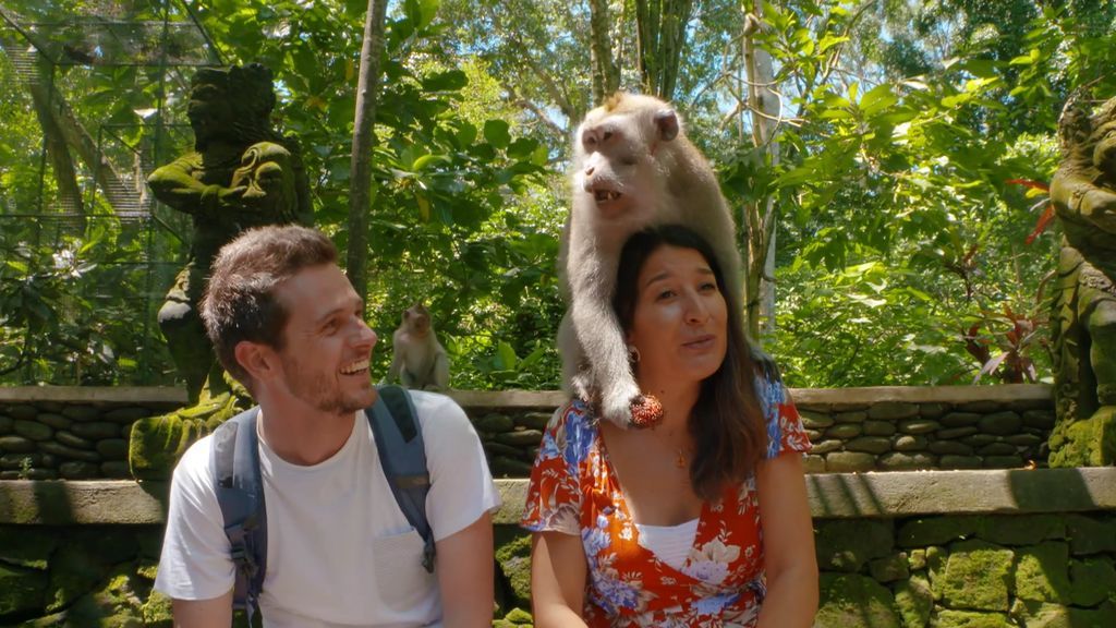 Un mono de ‘Monkey Forest’ intenta robarle el colgante a la guía de ‘Viajeros Cuatro’
