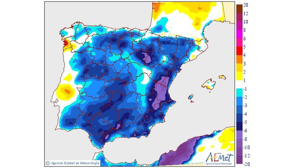 Variación de las temperaturas máximas prevista para el lunes, 8 de julio / Aemet