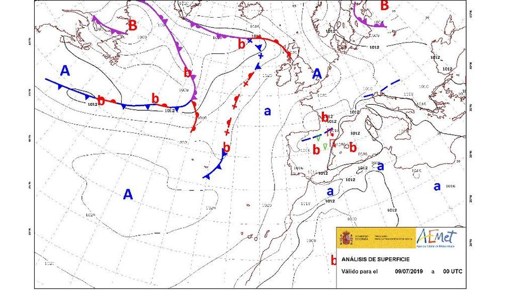 MApa con frentes previsto para la mañana del martes, 9 de julio / Aemet