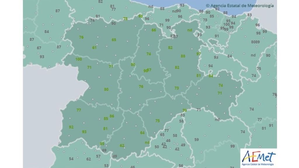 Humedad relativa el martes por la mañana en Castilla y León / Aemet