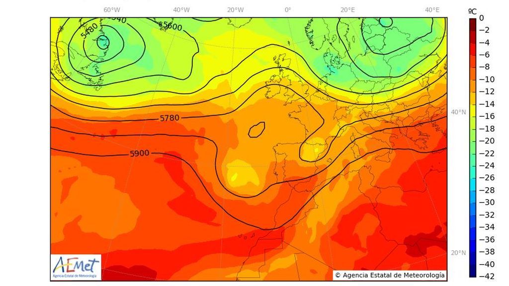 Mapa a 500 hPa de previsión para la mañana del martes, 9 de julio / Aemet