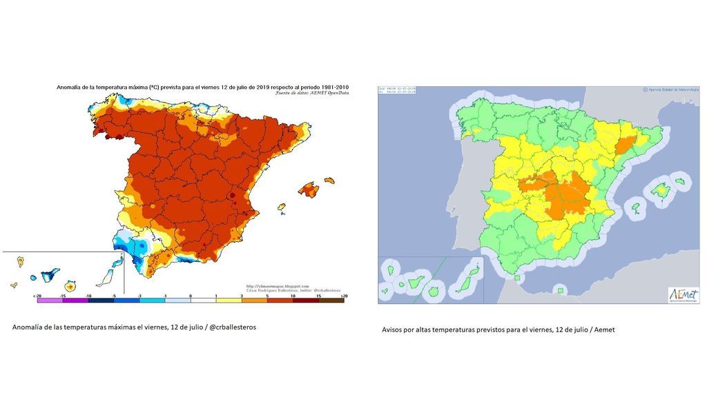 Anomalía de las máximas y avisos por calor para el viernes, 12 de julio / Aemet / @crballesteros