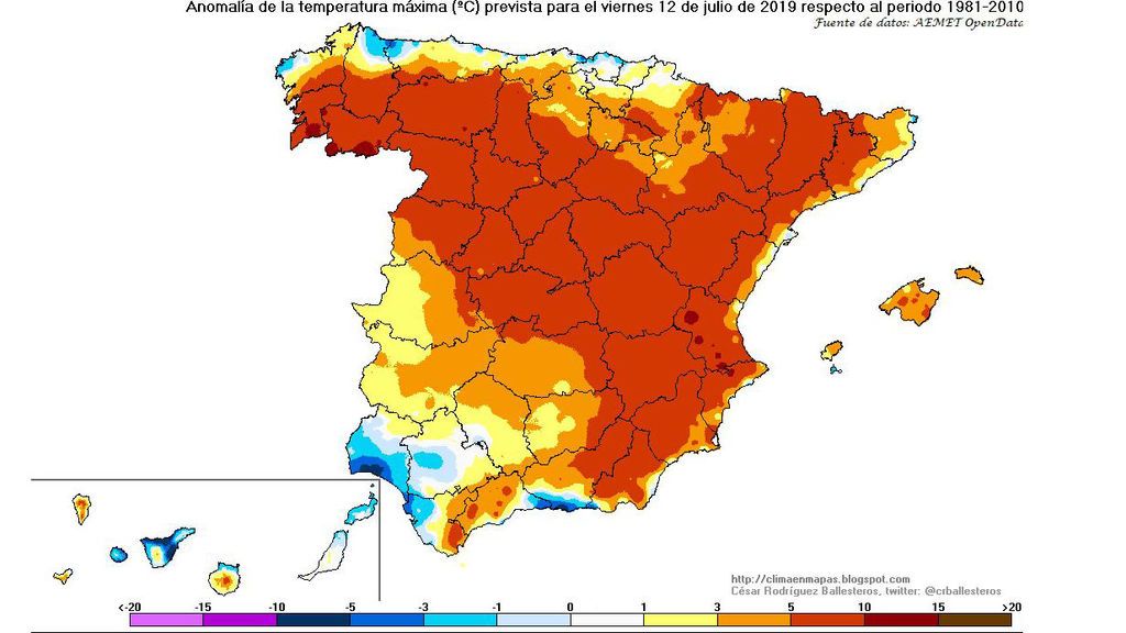 Anomalía de las temperaturas máximas previstas para el viernes, 12 de julio / @crballesteros