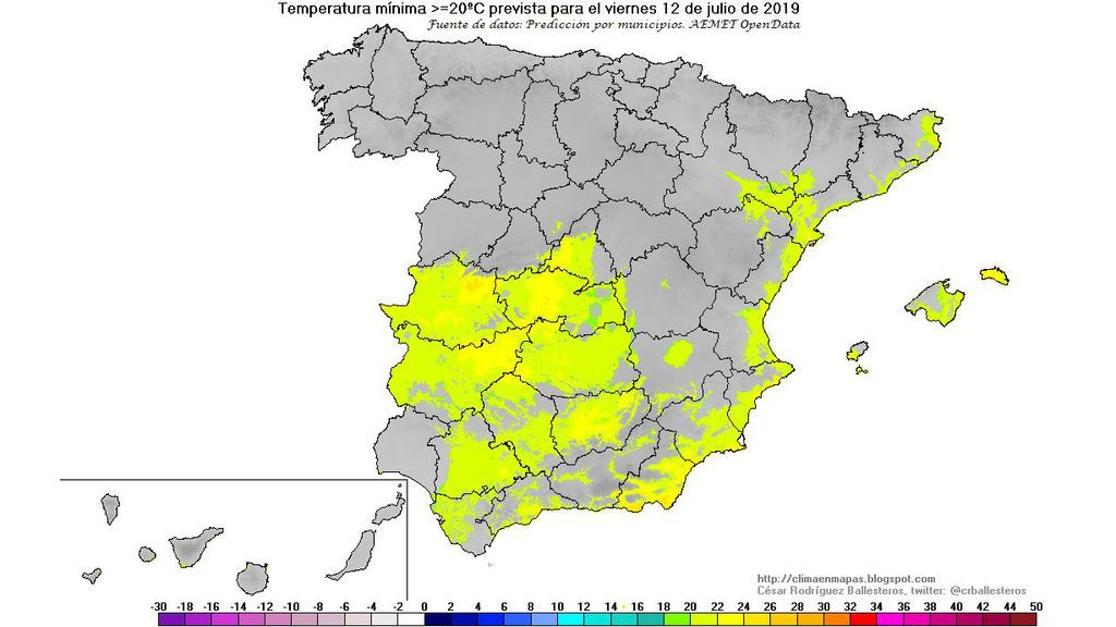 Temperaturas mínimas ≥ 20ºC previstas para la madrugada del viernes / @crballesteros