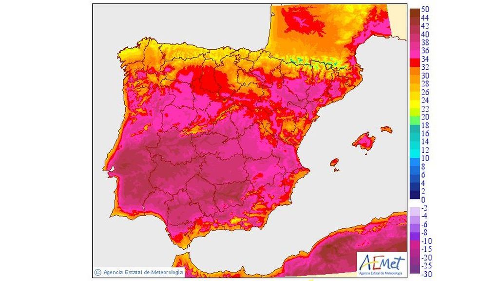 Teperaturas máximas del jueves, 11 de julio, en la península y Baleares