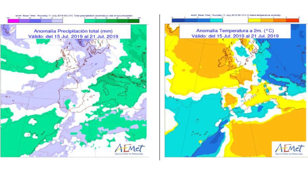 Aomalía de la temperatura y precipitación media previstas para la semana que viene / Aemet