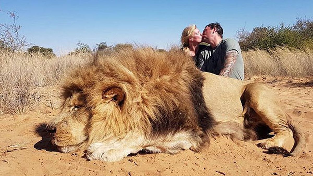 Una pareja celebra la caza de un león dándose un beso