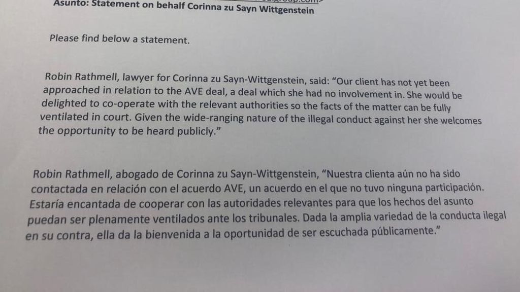 Corinna quiere declarar ante la fiscalía por las comisiones del Ave a la Meca Corinna quiere declarar ante la fiscalía por las comisiones del Ave a la Meca