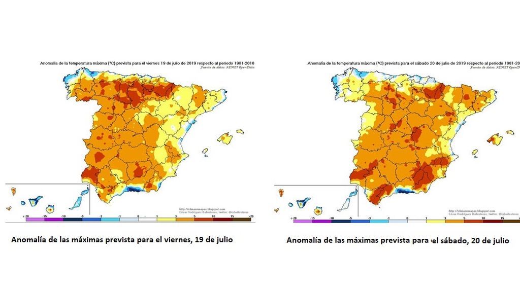 Anomalía de las temperaturas prevista para el viernes y sábado / @crballesteros