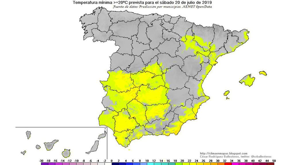 Temperaturas mínimas ≥ 20ºC previstas para el sábado, 20 de julio / @crballesteros