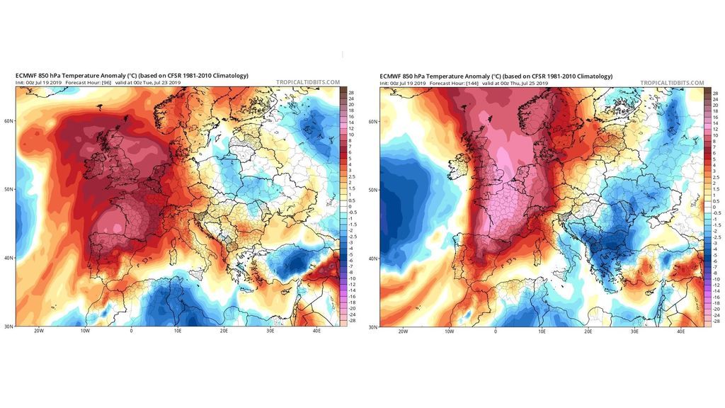 Anomalía de las temperaturas la próxima semana en Europa / Tropical Tidbits