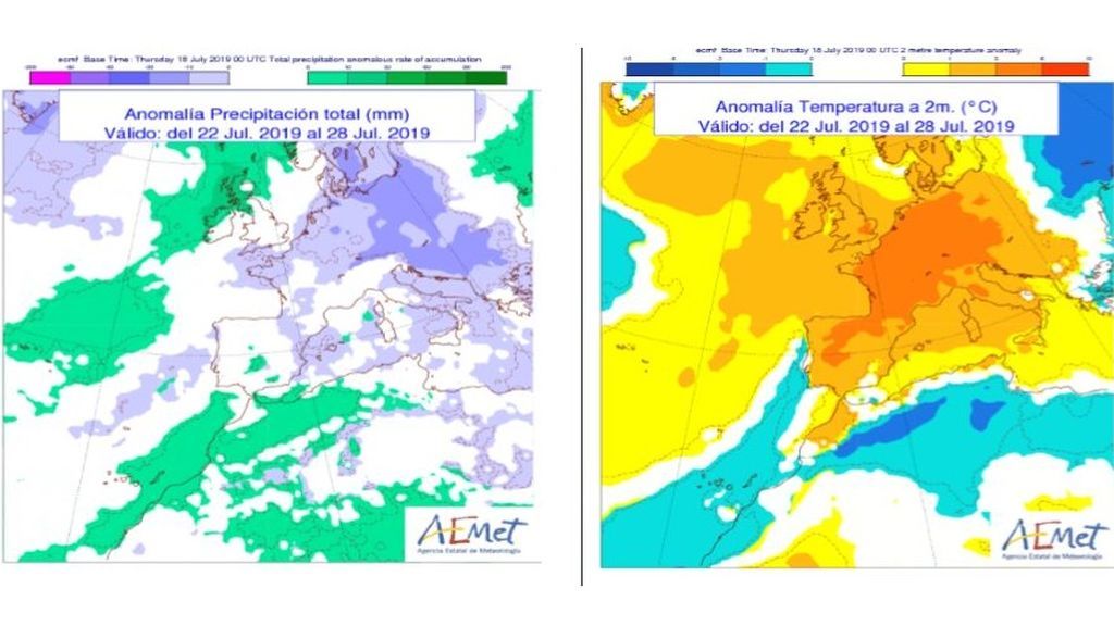 Anomalía de la temperatura y precipitación media prevista para la próxima semana / Aemet