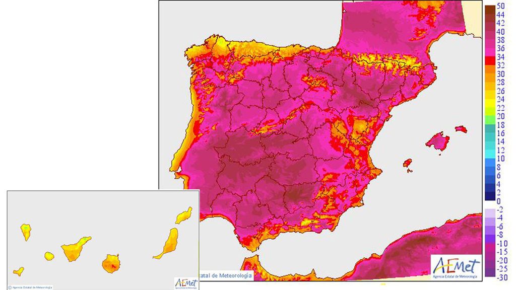 Temperaturas máximas en la península y Canarias el lunes, 22 de julio