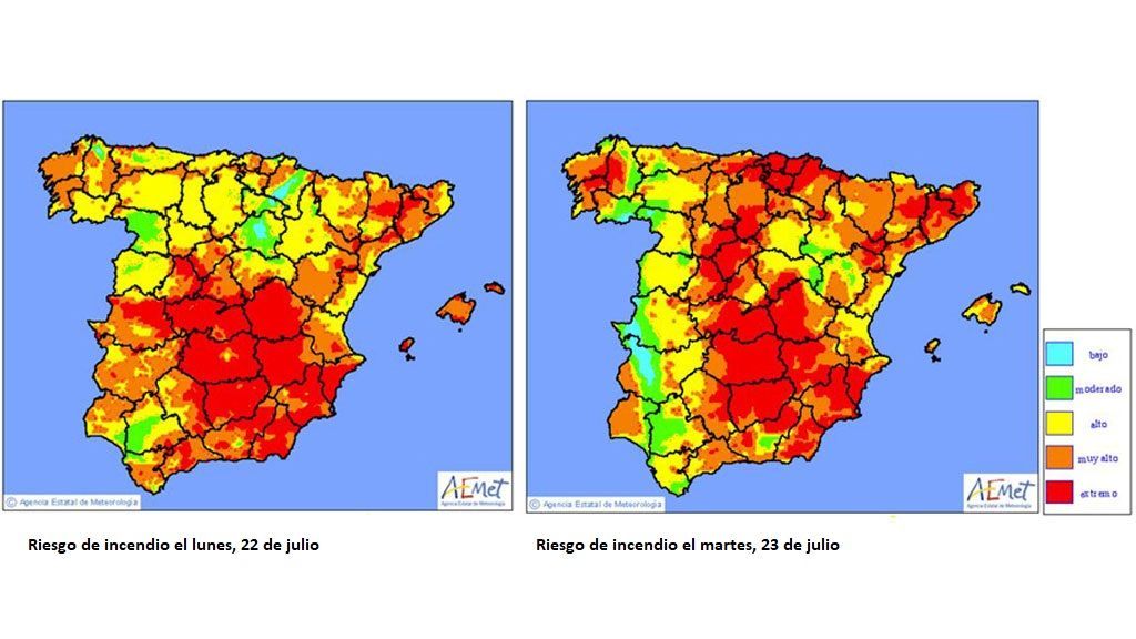*Imagen: Mapas de niveles de riesgo de incendio previstos para el lunes y martes / Aemet