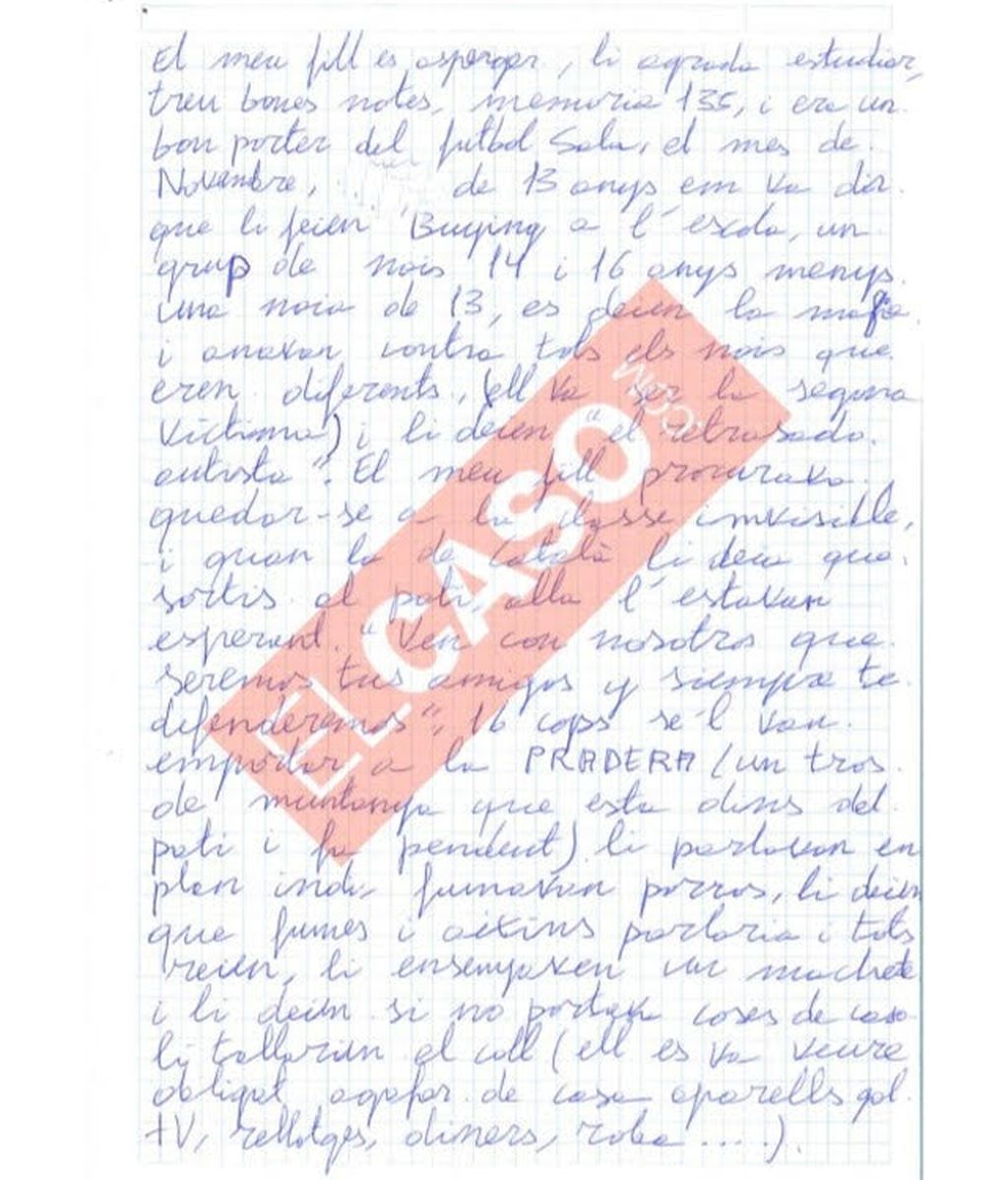 "No tenía ganas de vivir": carta de la madre del niño que sufrió abusos por sus compañeros en Vallirana