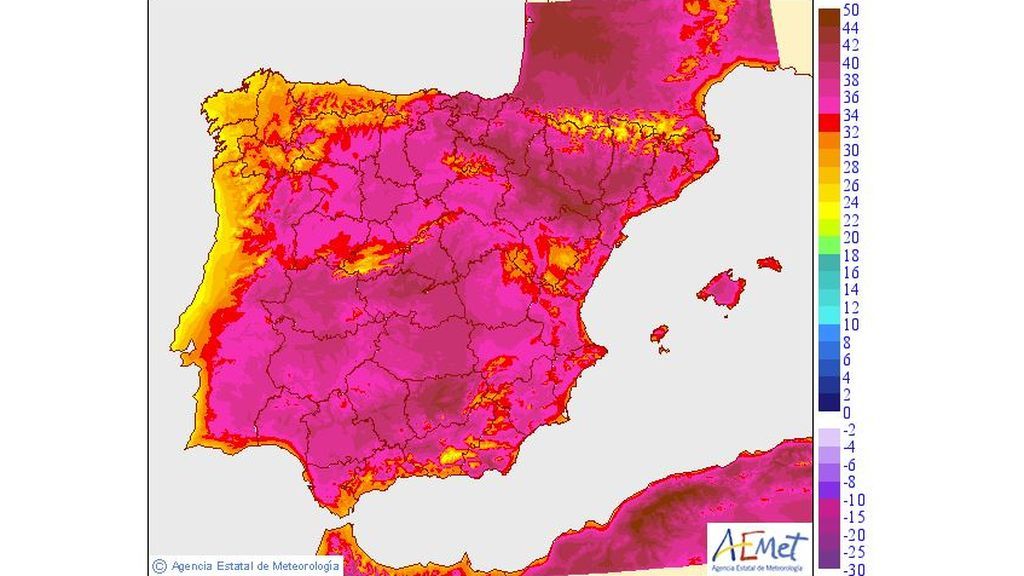 Temperaturas máximas previstas para el martes, 23 de julio / Aemet