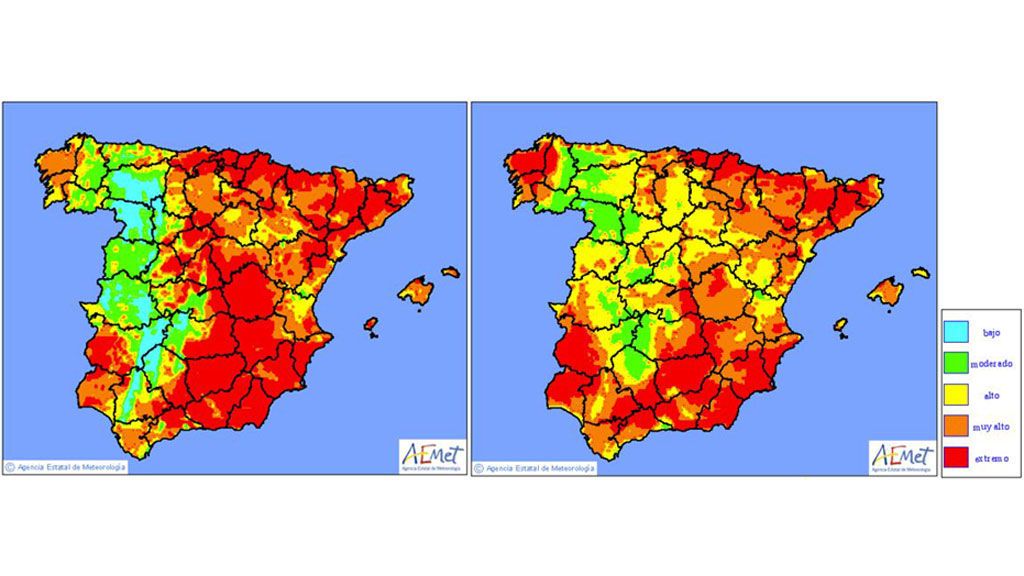 *Imagen: Mapa de niveles de riesgo de incendio previstos para el martes y miércoles, respectivamente / Aemet