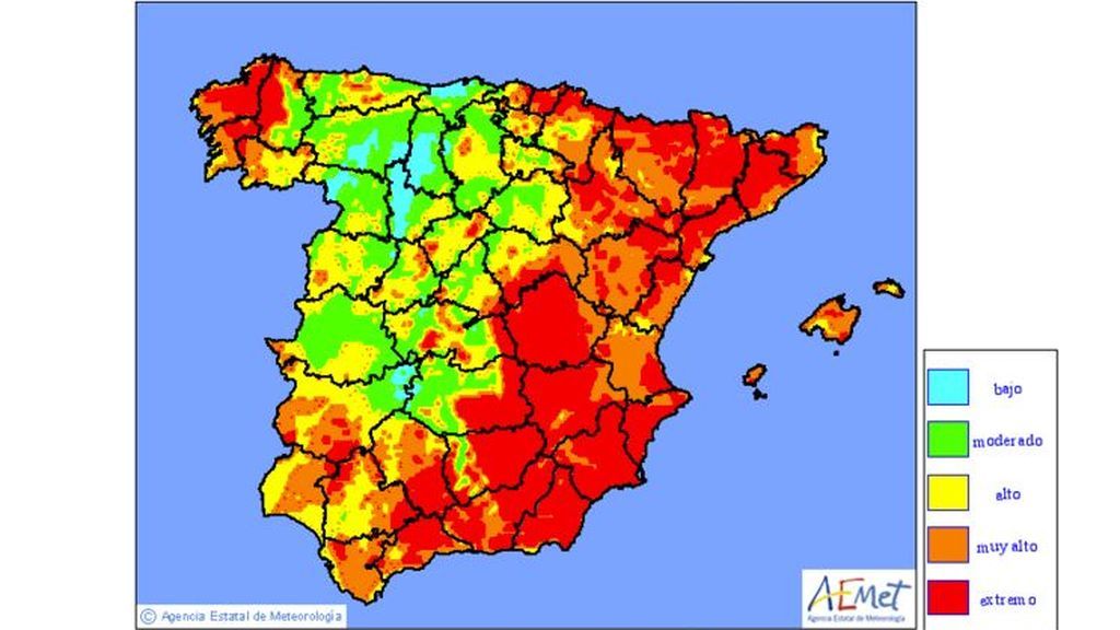 Mapa de niveles de riesgo de incendio previstos para el miércoles, 24 de julio / Aemet