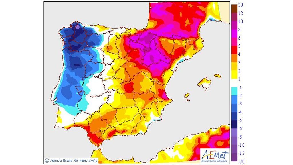 Variación de las temperaturas máximas prevista para el lunes, 29 de julio