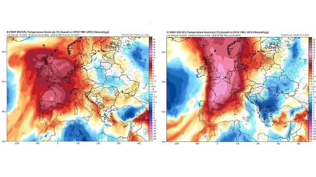 *Imagen: Anomalía de las temperaturas prevista para la próxima semana en Europa / Tropical Tidbits