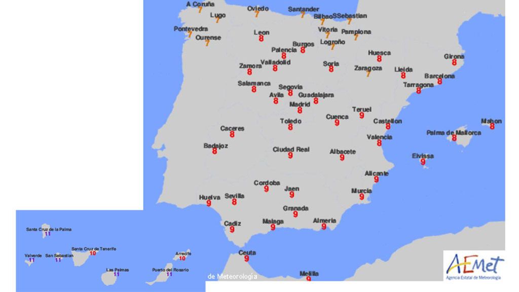 Índice de radiación UV máximo en condiciones de cielo despejado para el 30 de julio / Aemet