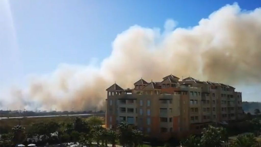 Aparatoso incendio forestal muy próximo a las urbanizaciones de isla Canela en Huelva